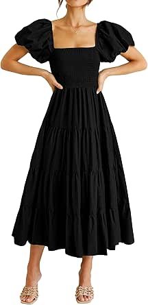Women's Casual Summer Midi Dress Puffy Short Sleeve Square Neck Smocked Tiered Ruffle Dresses