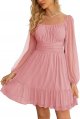 Women's Mesh Long Sleeve Square Neck Dress High Waist A Line Ruffle Hem Flowy Casual Party Mini Dress