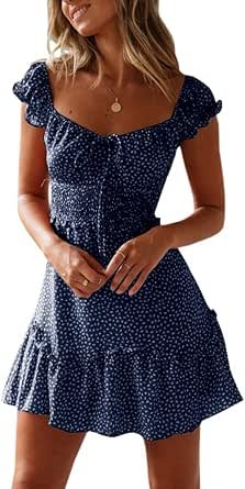 Womens Summer Ruffle Sleeve Sweetheart Neckline Printing Dress Mini Dresses