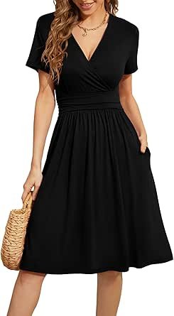 Women's Summer Short Sleeve Casual Dresses V-Neck Floral Party Dress with Pockets