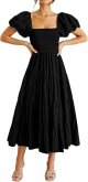 Women's Casual Summer Midi Dress Puffy Short Sleeve Square Neck Smocked Tiered Ruffle Dresses