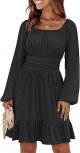 Womens Dress Long Lantern Sleeve Square Neck Elastic Waist Ruffle Flowy Swing A-Line Short Dresses 2025 Fall Fashion